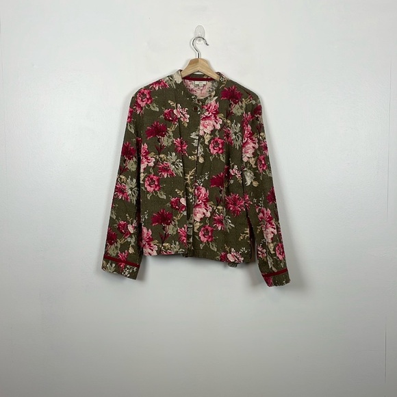 J Jill floral Jacket Womens L Button Down 2 Pocket Cardigan Pink Green Jacket - Picture 1 of 10